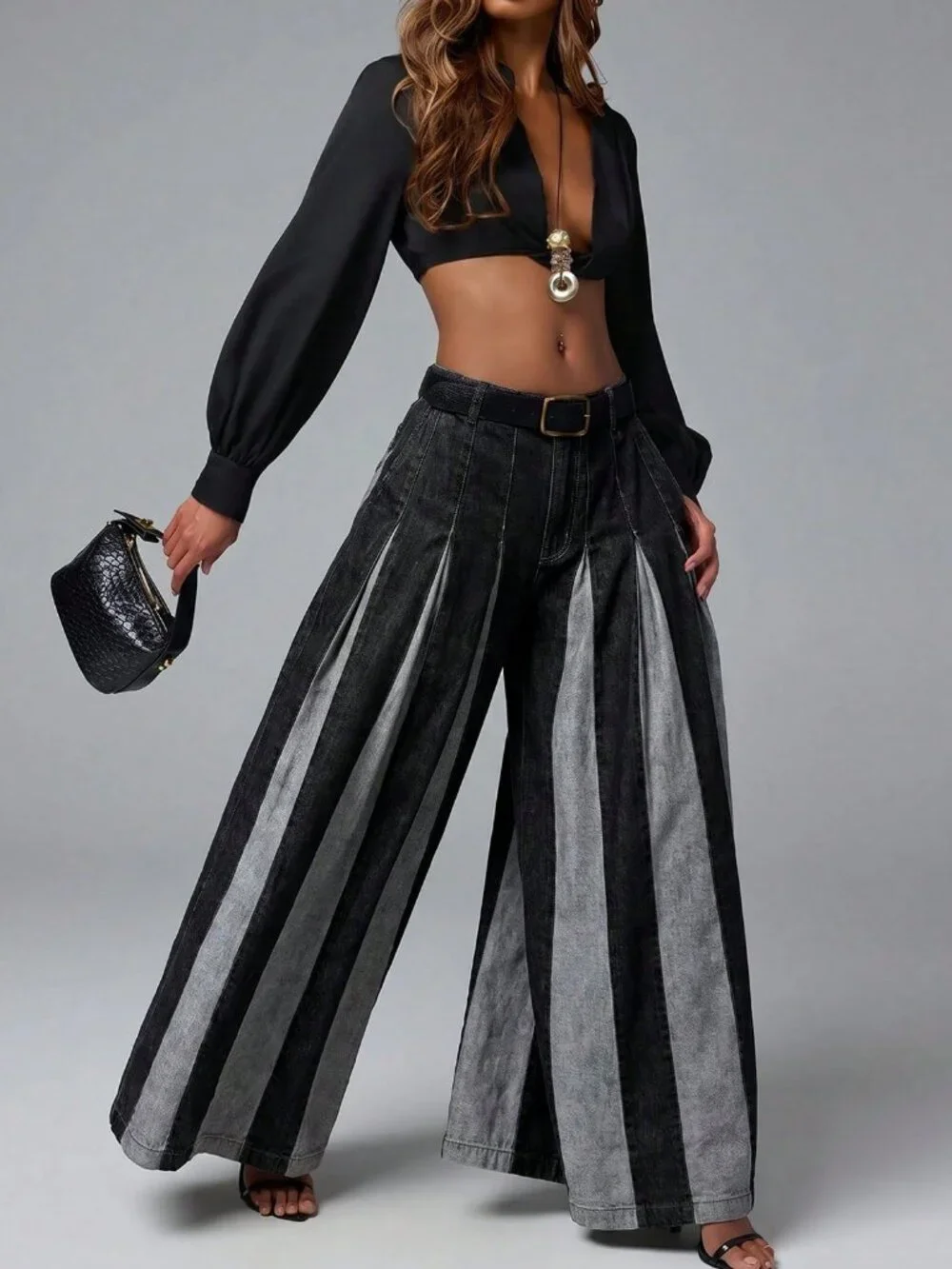 Black Casual Women's  Two Tone Color Block Wide Leg Flowy Baggy Denim Jeans